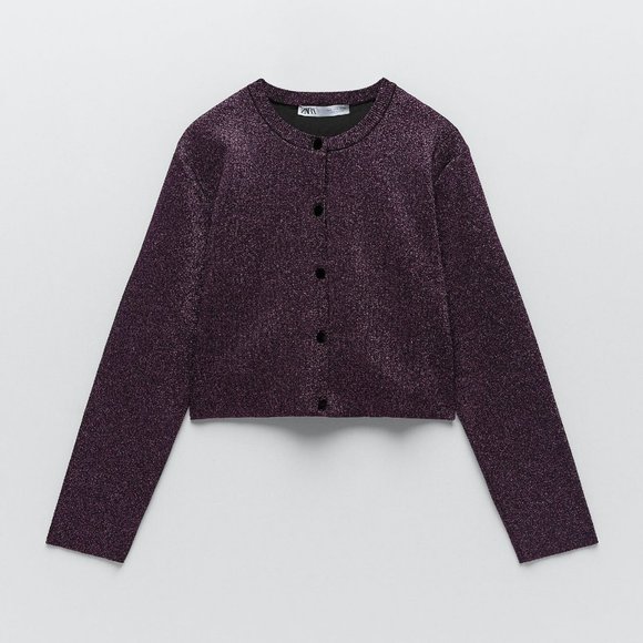 🌸SOLD🌸NWT Zara Purple Sparkly Shimmer Metallic Button Cropped Cardigan Sweater - Picture 1 of 9